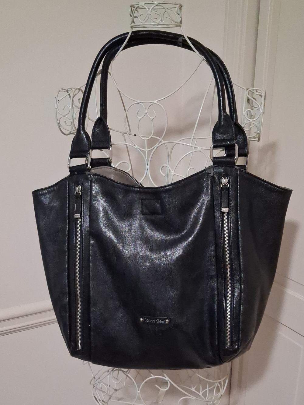 Calvin Klein Black Leather Shopper Tote with Silver Hardware